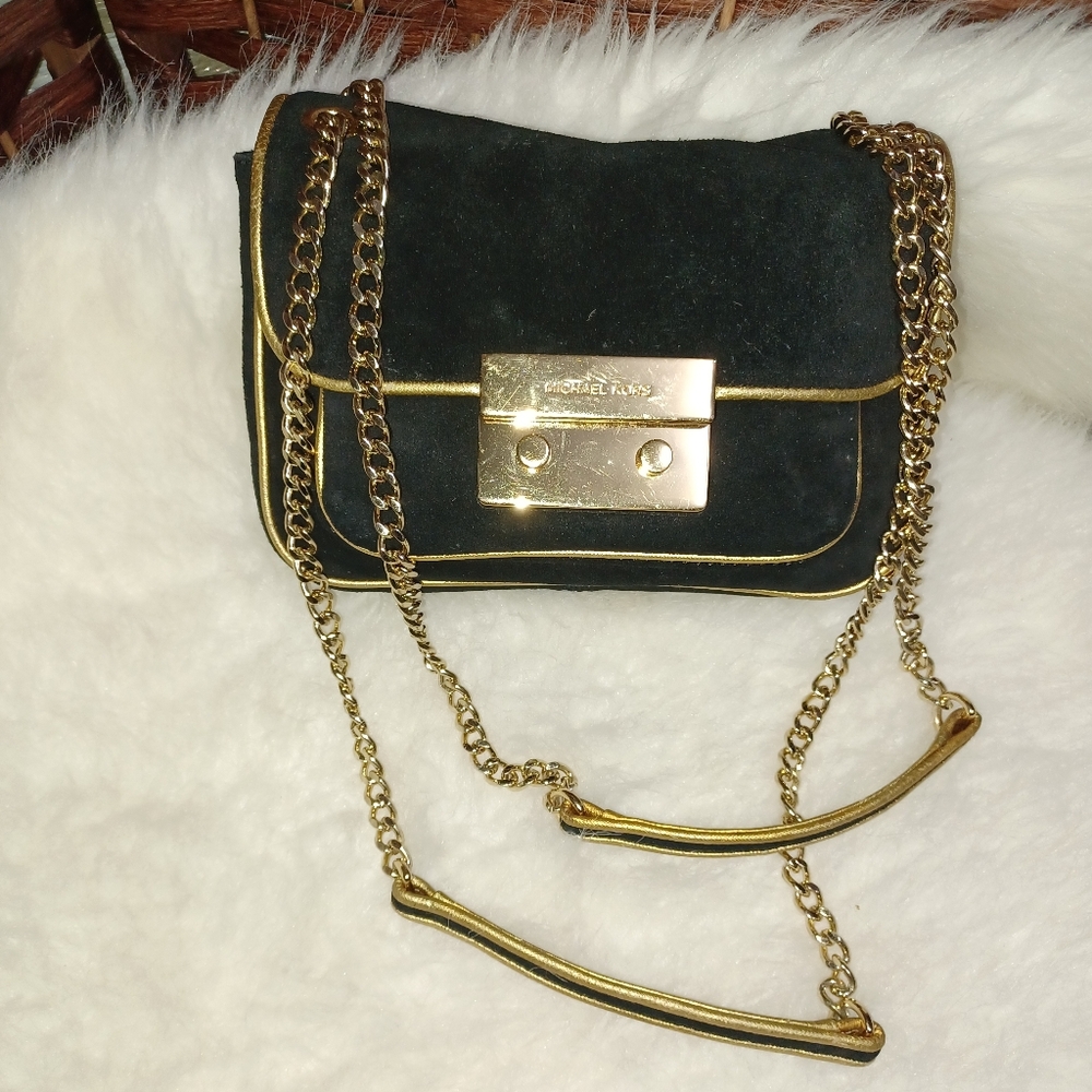 Black Suede Crossbody Bag with Gold Chain